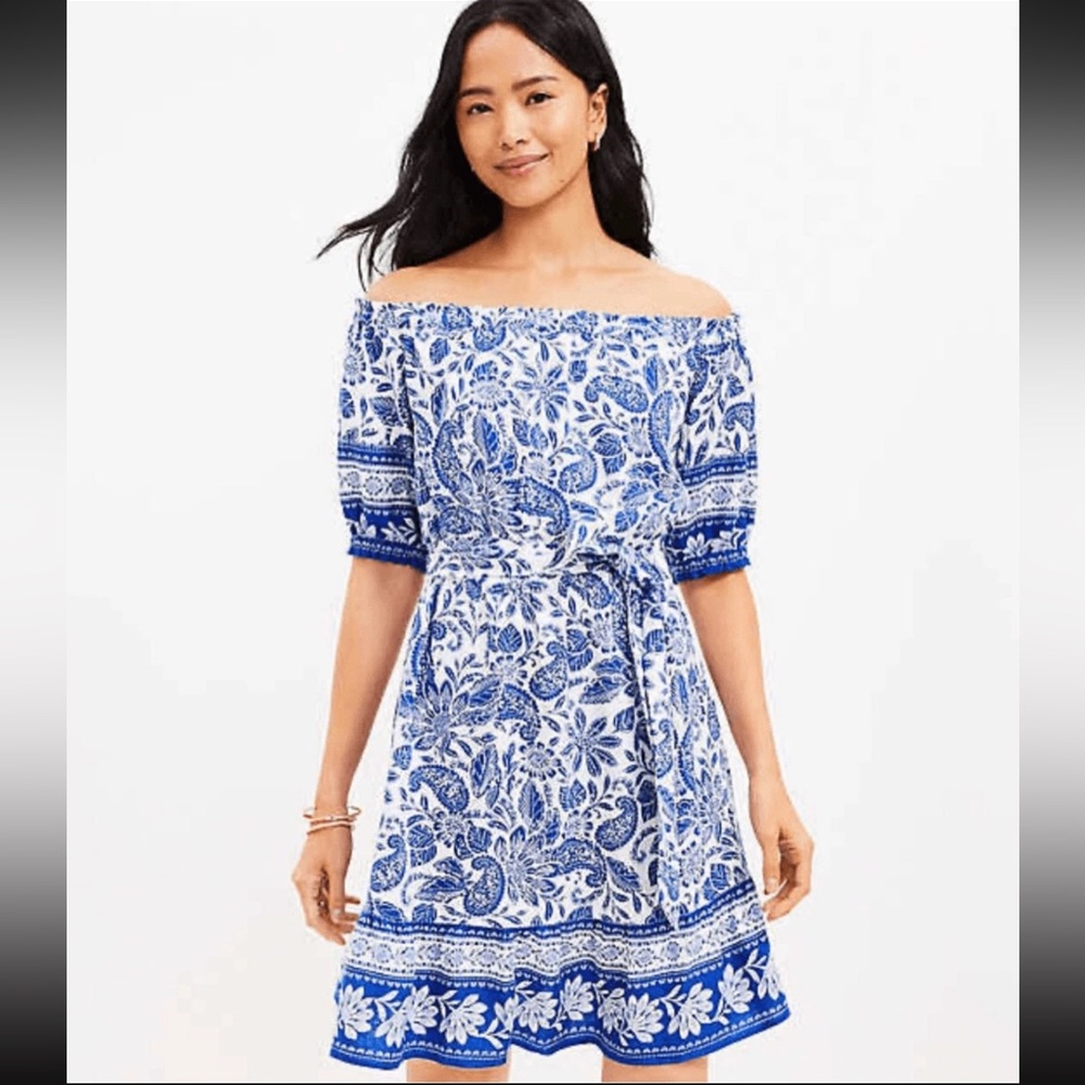 LOFT Boho Off the Shoulder Linen Blend Dress Large Blue White Paisley Print